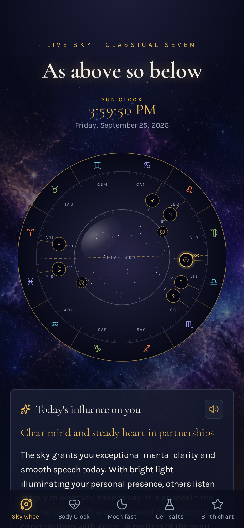 As above so below app preview showing the live zodiac wheel
